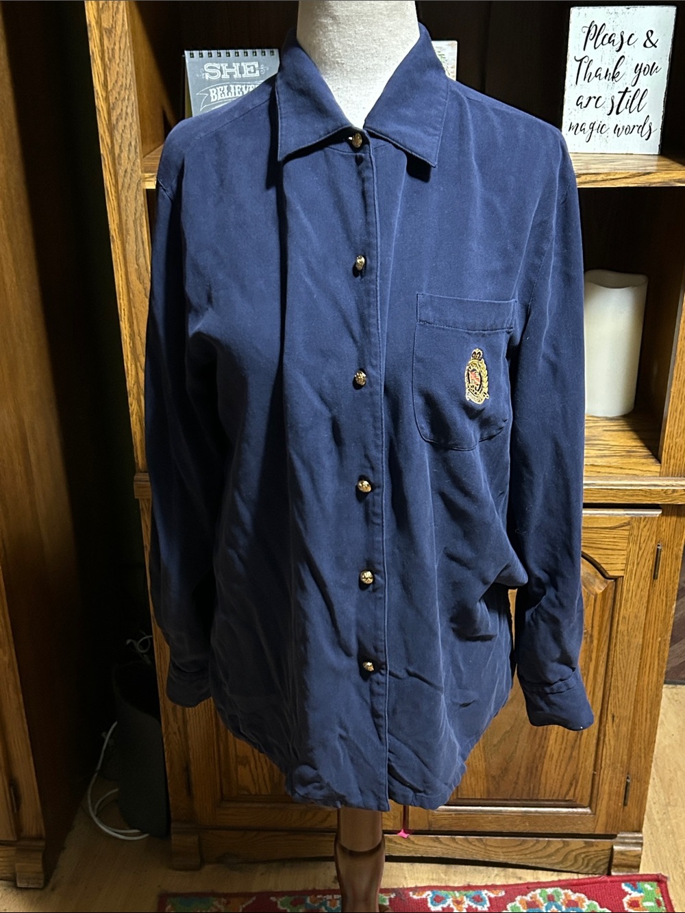Lauren Ralph Lauren Women’s Navy Button-Down Shirt with Crest Petite Small